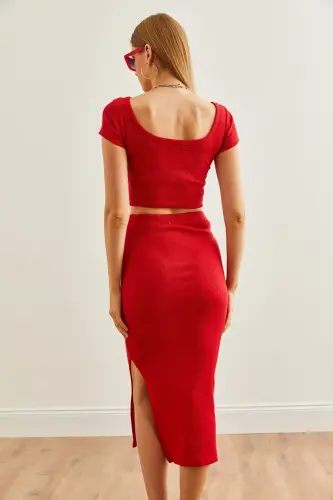 Ayollar Qizil Hovuz Yoqali Crop Bluz Yirtigli Qalam - 8