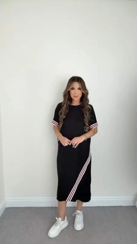 Ayollar qo'l va etak chiziqli detallari Midi bo'yli ko'ylak - BÜYÜKBEDENIZ