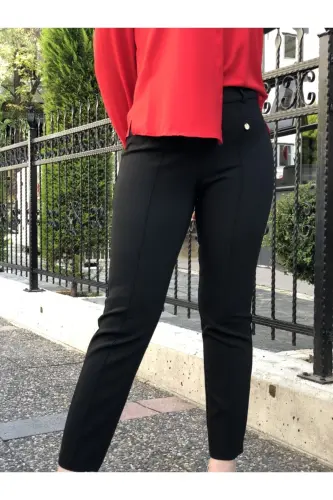 Ayollar Qora Baland Bel Old Tikuvli Likrali Shim - 3