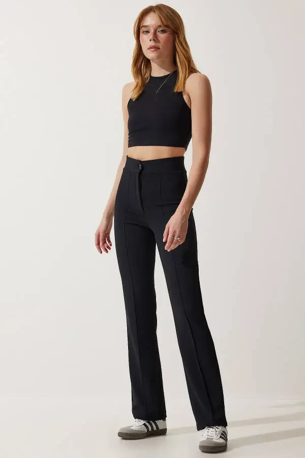 Ayollar qora baland belli likrali qulay trikotaj shim - 2