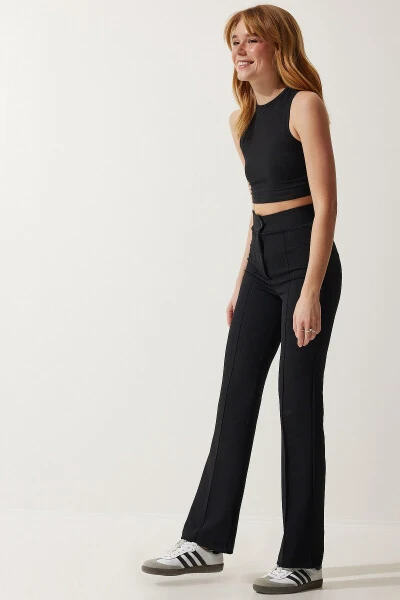 Ayollar qora baland belli likrali qulay trikotaj shim - 4