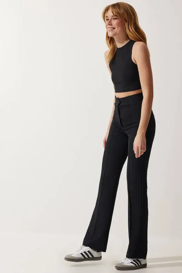 Ayollar qora baland belli likrali qulay trikotaj shim - 4