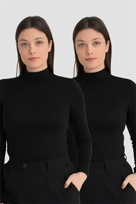 Ayollar Qora Balıkçı Yaka Uzun Qólli Body 2'li Paket - BÜYÜKBEDENIZ