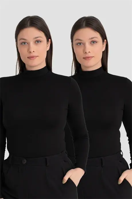Ayollar Qora Balıkçı Yaka Uzun Qólli Body 2'li Paket - 1