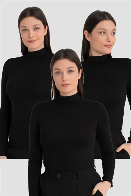 Ayollar Qora Balıkçı Yaka Uzun Qólli Body 3 Dána - 1