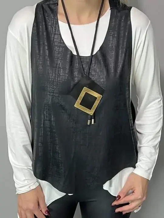 Ayollar qora charm yelekli, marjonli uch qismli to‘plam - 7