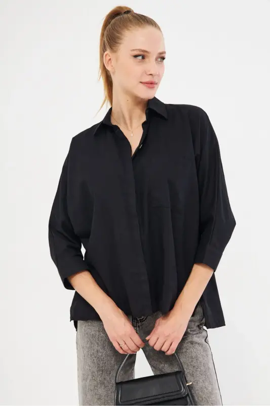 Ayollar Qora Cho'ntakli Keng Keten Ko'ylak ARM-21Y001035-Qora - 3