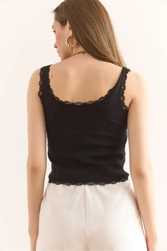 Ayollar Qora Dantelli Ajurli Paxta Crop Bluz - 2