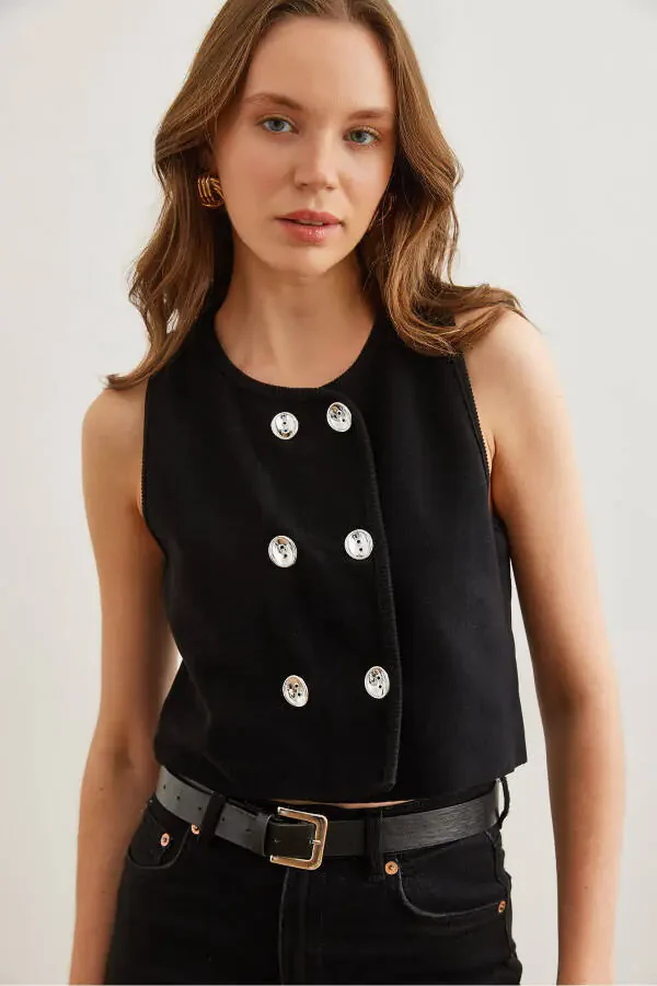 Ayollar Qora Dual Kumush Tugmali Triko Jilet YLK-19000052 - 1