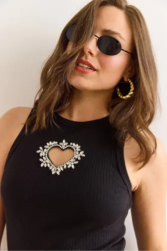 Ayollar qora fitilli tosh yurak detallari likrali crop - 6