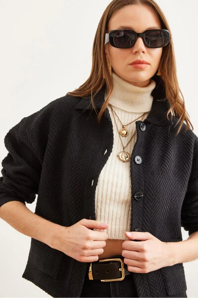 Ayollar qora ikki cho'ntakli kaşmir astarsiz pidjak CKT-19000391 - OLALOOK