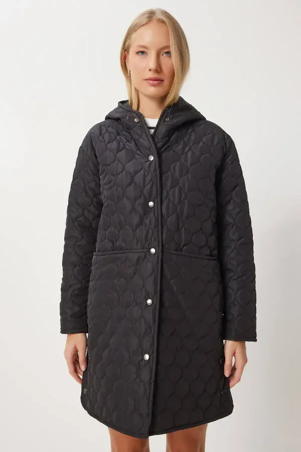 Ayollar qora kapyushonli yopinchiq palto LV00006 - 5