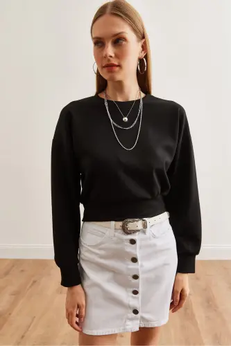 Ayollar qora modal tugmachali Crop Sweatshirt SWT-19000653-Qora - OLALOOK (1)