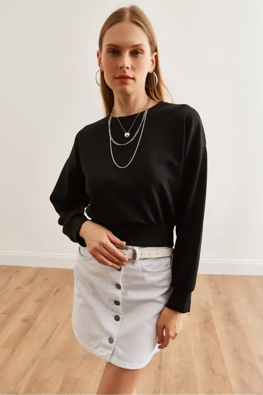 Ayollar qora modal tugmachali Crop Sweatshirt SWT-19000653-Qora - 3