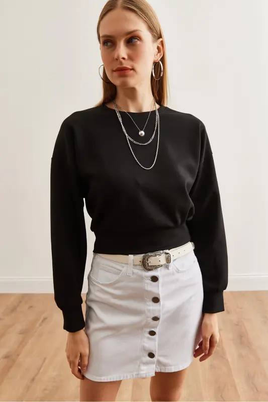 Ayollar qora modal tugmachali Crop Sweatshirt SWT-19000653-Qora - 5