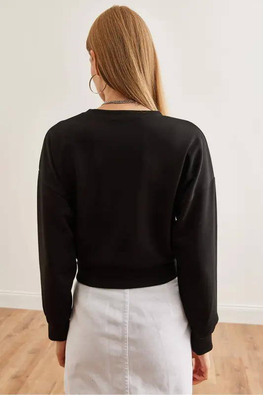 Ayollar qora modal tugmachali Crop Sweatshirt SWT-19000653-Qora - 6