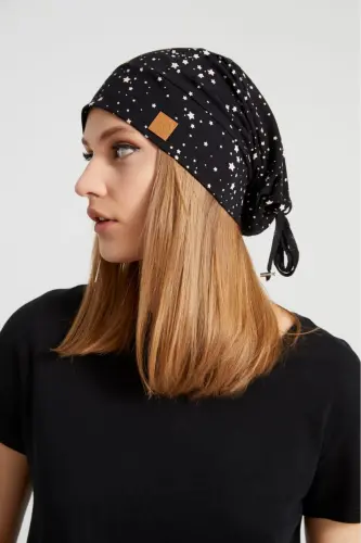 Ayollar qora oq yulduz naqshli ip detalli 4 fasl shlyapa bere buff ultra yumshoq tabiiy penye mato-qora - BUTIKGIZ (1)