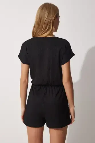 Ayollar Qora O'rab o'tkazilgan yoqali shortli kalta trikotaj kombinezon UB00019-Qora - HAPPINESS İSTANBUL (1)