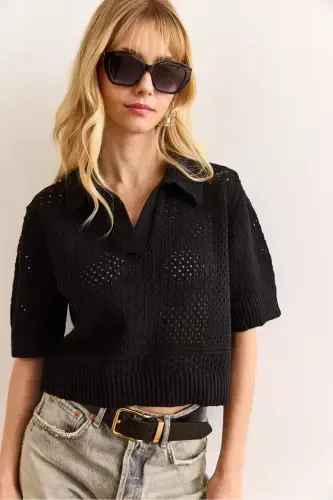 Ayollar Qora Polo Yoqali Ochiq Paxta Aralash Trikotaj - 4