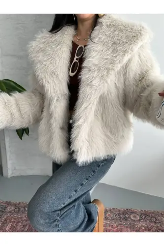 Ayollar Qora Premium Peluş Qishki Sun'iy Premium Mo'ynali Palto - Oq - 7