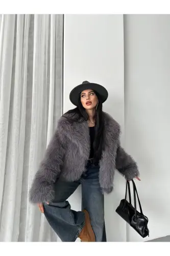 Ayollar Qora Premium Peluş Qishki Sun'iy Premium Mo'ynali Palto - TO'Q KO'K 