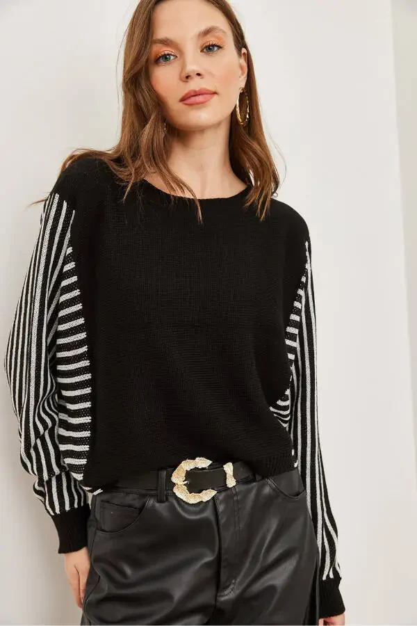 Ayollar qora qoʻl detalli triko kozok KZK-19000817 - 3