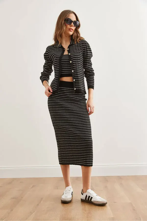 Ayollar qora rangli 3 qismli yo'l-yo'lli triko to'plam - 5