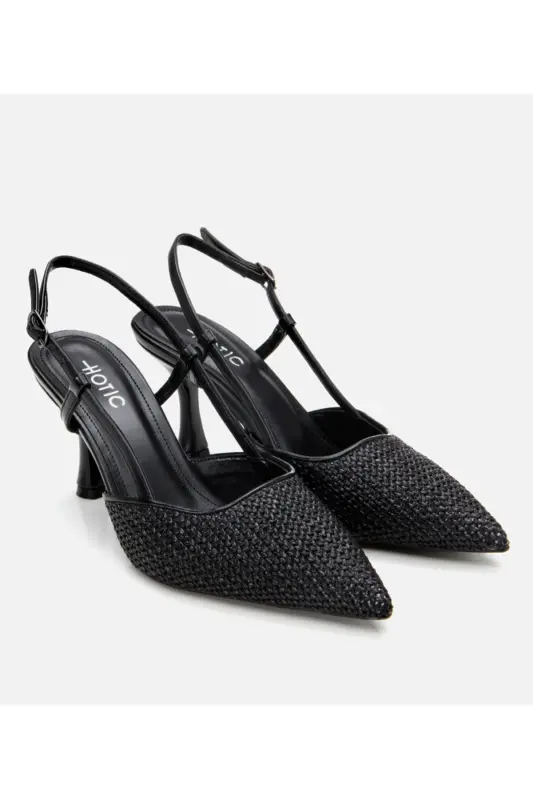 Ayollar qora somon detallari orqa ochiq stiletto - 2