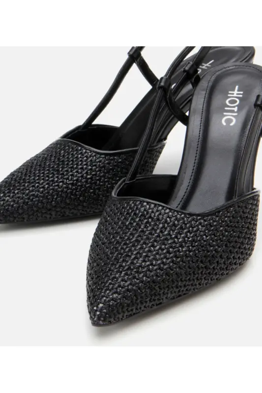 Ayollar qora somon detallari orqa ochiq stiletto - 3