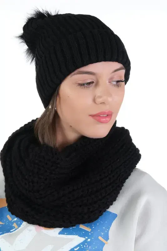 Ayollar qora triko ponponli beret va o'rima bo'yinbog' to'plami - Qora - 2