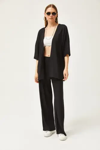 Ayollar qora ustki kimono pastki shimlar to'plami TKM-1900 - 2