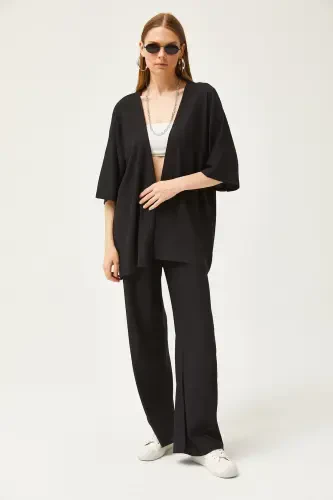 Ayollar qora ustki kimono pastki shimlar to'plami TKM-1900 - 3