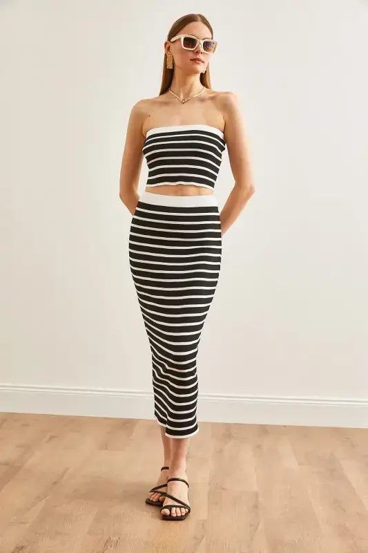 Ayollar qora ustki strapless bluz pastki yubka trikotaj kostyumi - 2