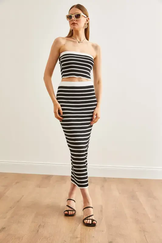 Ayollar qora ustki strapless bluz pastki yubka trikotaj kostyumi - 3