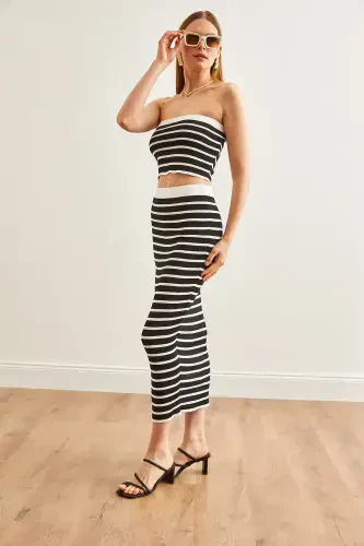 Ayollar qora ustki strapless bluz pastki yubka trikotaj kostyumi - 5