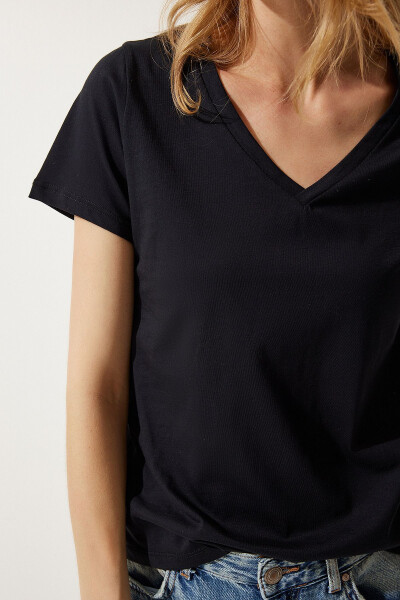 Ayollar Qora V-bo'yin Basic Triko T-shirt UB00261 - 6