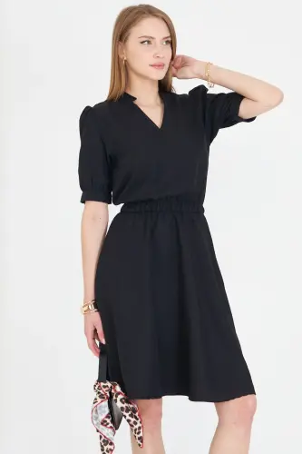 Ayollar Qora V Yoqali Beli Rezinkali Qisqa Yengli Klos Ko'ylak ARM-25Y001001-Qora - 4