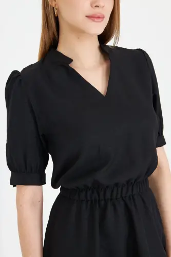 Ayollar Qora V Yoqali Beli Rezinkali Qisqa Yengli Klos Ko'ylak ARM-25Y001001-Qora - 5