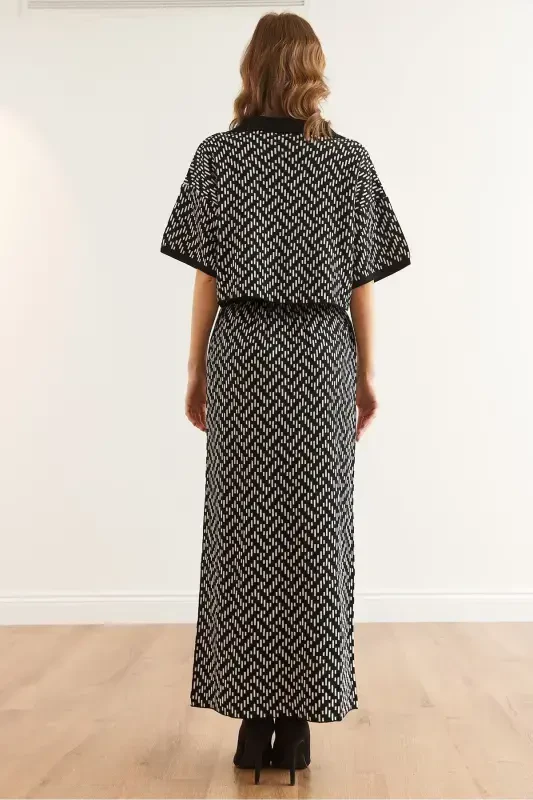 Ayollar qora zigzag naqshli yubkali trikotaj kostyumi - 6