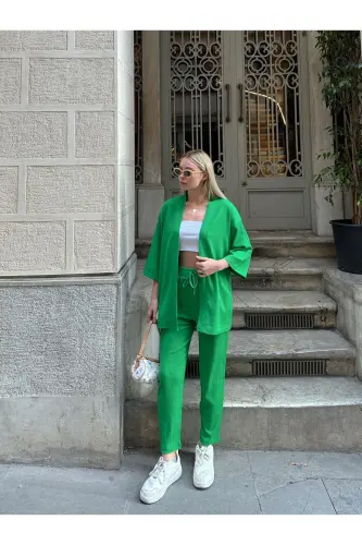 Ayollar Raht Kesim Kimono Pastki Yuqori To'plami - yashil - 4