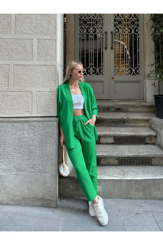 Ayollar Raht Kesim Kimono Pastki Yuqori To'plami - yashil - 8