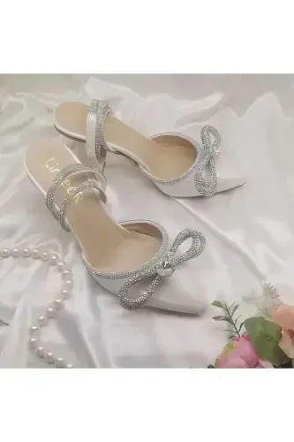 Ayollar sadaf singan oq 7 sm qadah poshnali toshli bantikli stiletto kelin poyafzali-SEDEF OQ - 3