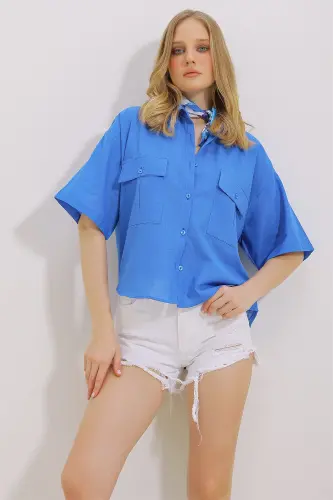 Ayollar Saks ikki cho'ntakli yarim yengli zig'ir ko'ylak ALC-X9991-SAKS - 3