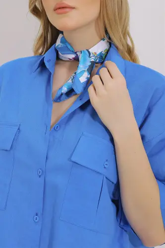 Ayollar Saks ikki cho'ntakli yarim yengli zig'ir ko'ylak ALC-X9991-SAKS - 5