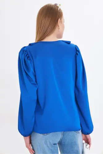 Ayollar Saks yoqasi burmali yelkasi burmali qo'li rezinkali paxta satin bluzka ARM-22K001059-Saks - 11