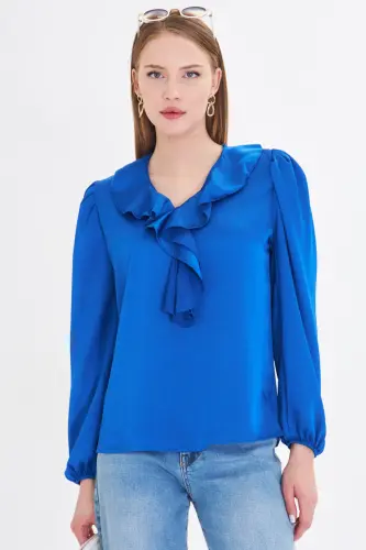 Ayollar Saks yoqasi burmali yelkasi burmali qo'li rezinkali paxta satin bluzka ARM-22K001059-Saks - 2