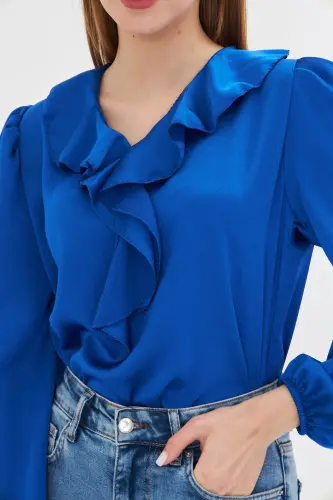 Ayollar Saks yoqasi burmali yelkasi burmali qo'li rezinkali paxta satin bluzka ARM-22K001059-Saks - 4
