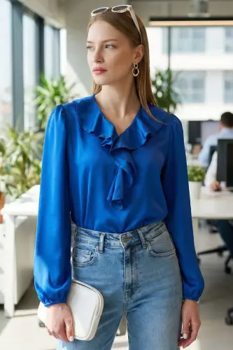 Ayollar Saks yoqasi burmali yelkasi burmali qo'li rezinkali paxta satin bluzka ARM-22K001059-Saks - 7