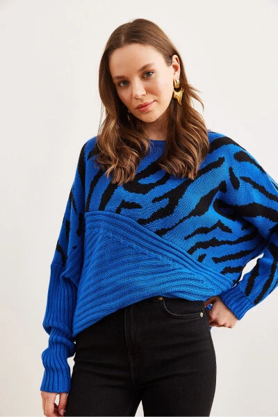 Ayollar Saksi ko'k zebra naqshlar biriktirilgan triko kozok KZK-19000819 - 3