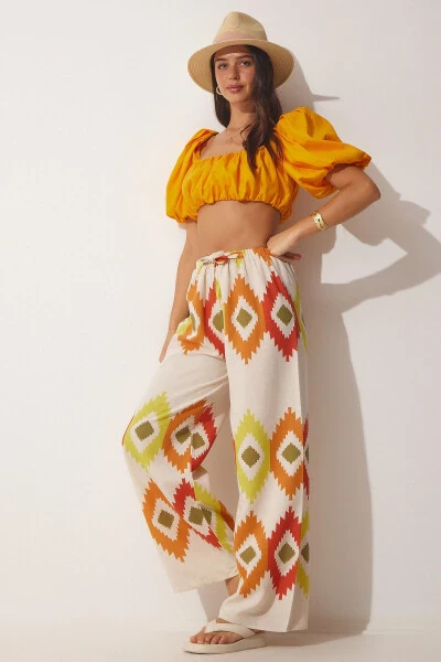 Ayollar sari krem gulli zig'ir palazzo shimi BH00385 - HAPPINESS İSTANBUL